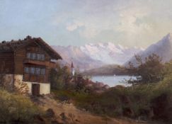 A 19th Century/Early 20th Century Swiss school chalet in a landscape with lake beyond, oil on panel,