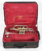 A John Parker cornet, no 27/SWS in silvered brass, with case and mouth piece, 36cm long.