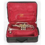 A John Parker cornet, no 27/SWS in silvered brass, with case and mouth piece, 36cm long.