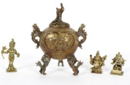 A Chinese gilt-bronze/brass censor and cover, stamped seal mark, on tripod mythical beast feet,