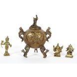 A Chinese gilt-bronze/brass censor and cover, stamped seal mark, on tripod mythical beast feet,