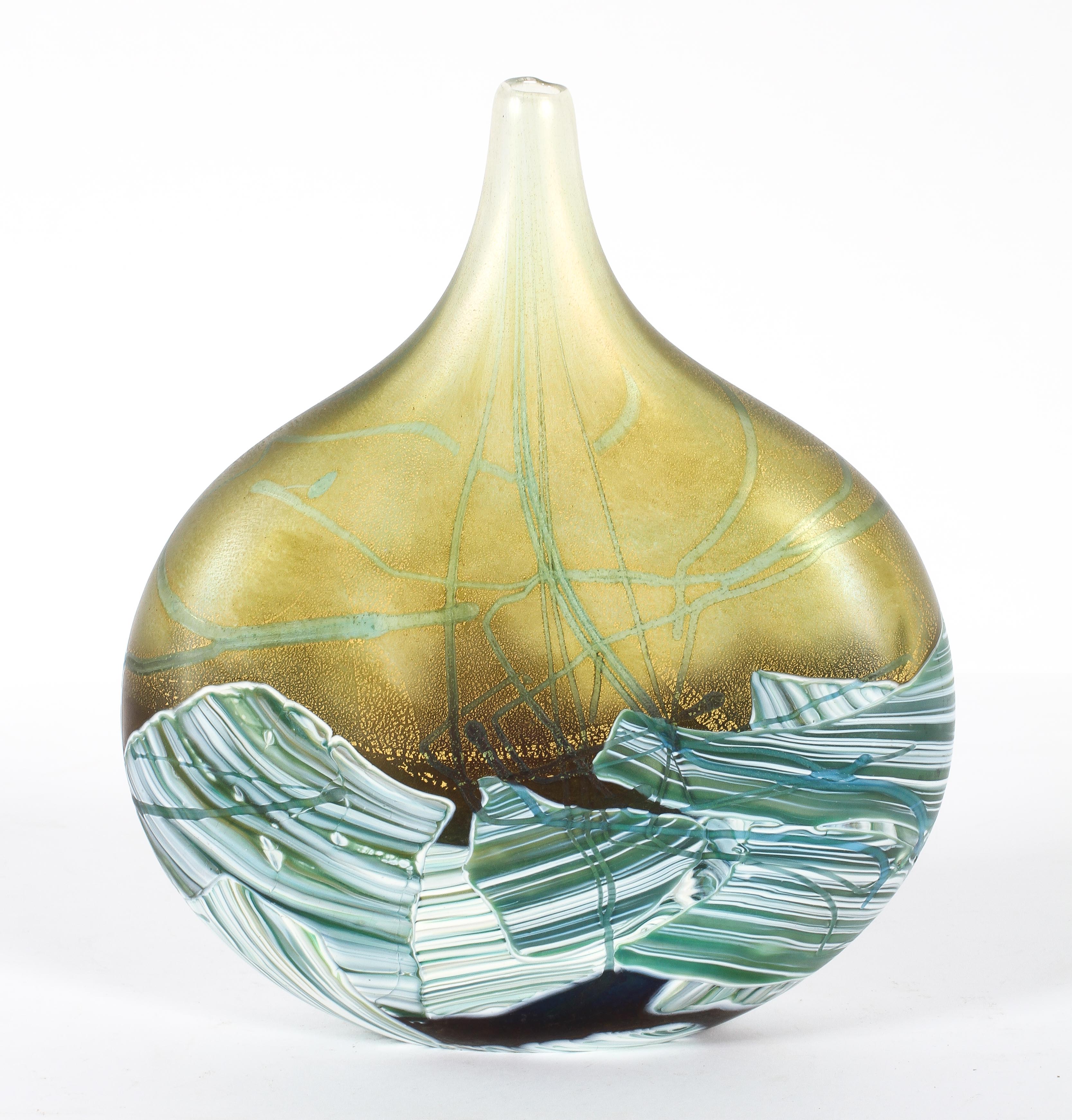 An Isle of Wight Glass Seascape Lollipop shaped vase, signed by Michael Harris, original label,