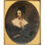 19th century school, Lady with cross on a chain, oil on board, framed,