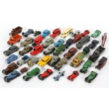 A collection of die cast vehicles, mainly Dinky including sports cars, coach, fire engine,