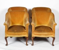Set of four tub chairs, first half of the 20th century, with gold velour upholstery,