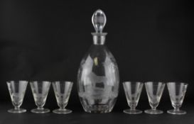 A Rowland Ward Big Game Set, comprising a glass decanter and six glasses,