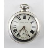 A large Victorian sterling silver open face pocket watch. Circular white dial with roman numerals.