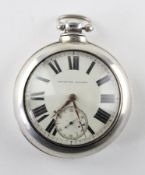 A large Victorian sterling silver open face pocket watch. Circular white dial with roman numerals.