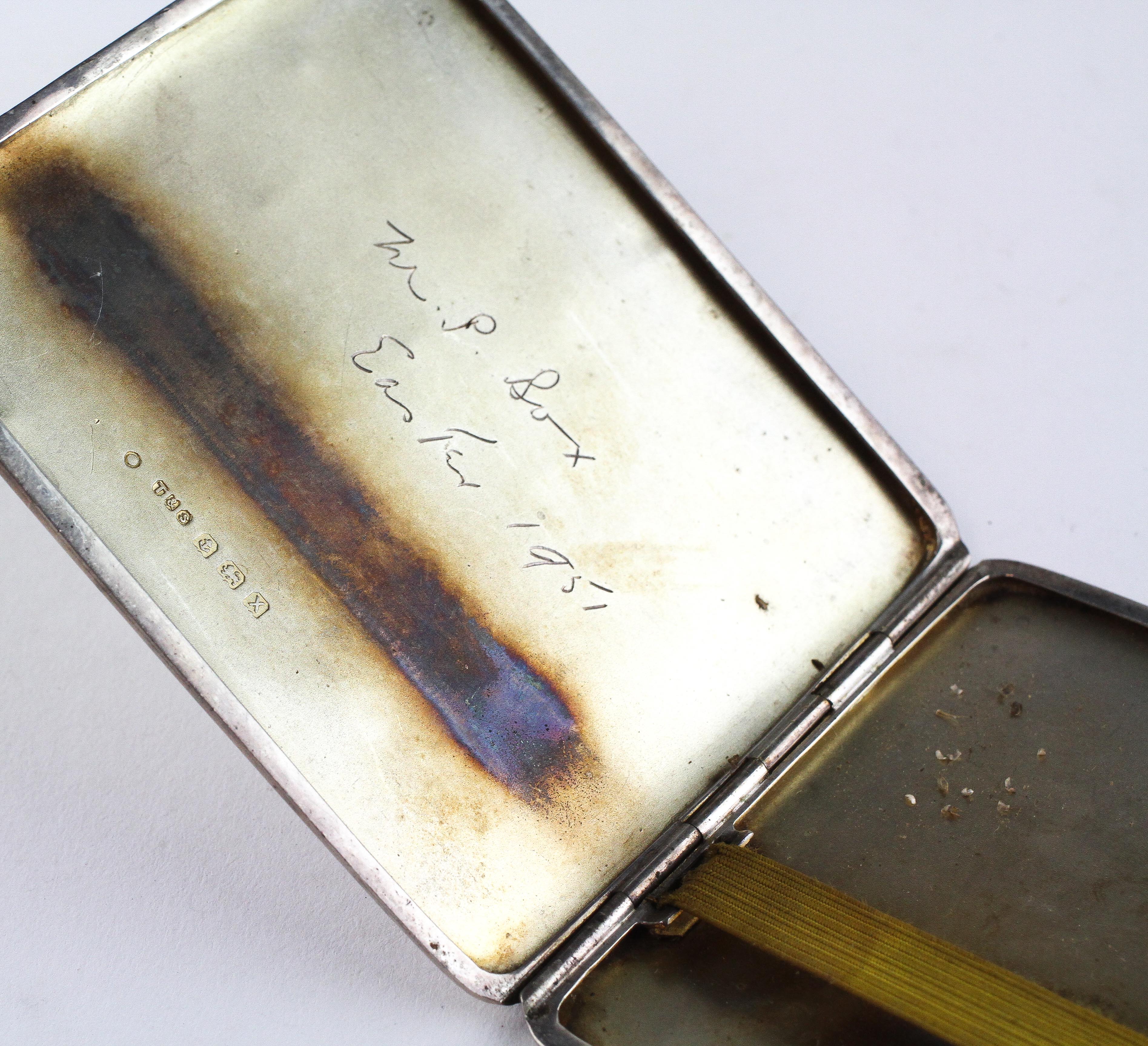 A silver cigarette case of rectangular form, engine turned decoration throughout, - Image 2 of 2