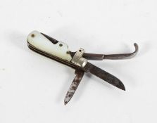 A miniature penknife, with a blade, corkscrew, pick and mother of pearl handle,