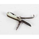 A miniature penknife, with a blade, corkscrew, pick and mother of pearl handle,