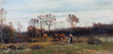 19th century school, Cattle and a Lady, oil on canvas, framed,