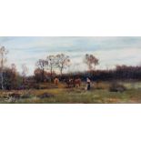 19th century school, Cattle and a Lady, oil on canvas, framed,