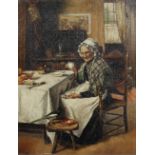20th century School, Old lady in an interior feeding a magpie, oil on canvas, signed JA lower left,