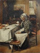 20th century School, Old lady in an interior feeding a magpie, oil on canvas, signed JA lower left,