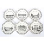 A set of six French (P&H Choisy) creamware transfer-printed hexagonal topographical plates,