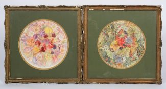 R Gardner, a pair of watercolours of bouquets of flowers, one with autumnal fruits and flowers,