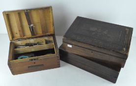 Three wooden boxes, including a writing slope, varying conditions,