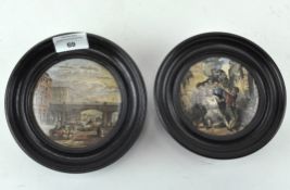 A Staffordshire pot lid titled "Holborn Viaduct", 10cm diameter plus frame, and another