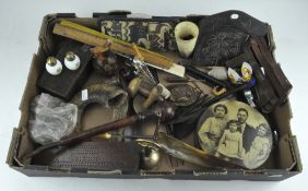 Assorted collectables, including a beaker, rulers, hat pins and various other items