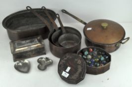 Assorted items, including cooking pans, pewter dishes, Reed and Barton silver plated cigarette box