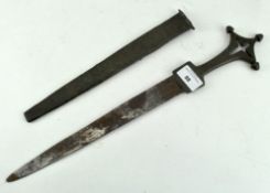 An unusual early dagger with three point brass handle, the sheath with hammered foliate decoration,