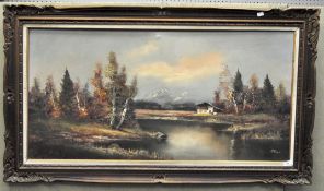 A large framed oil on canvas, lake and mountain landscape, indistinctly signed Heinz Ross,