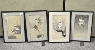 Four Japanese watercolours on silk depicting birds, all framed and glazed,