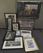 A collection of assorted pictures and prints including an early 20th century cricket scene and more