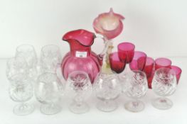 A cranberry glass jug, H 20cm, a set of 4 ruby glass tumblers and other glassware