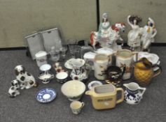 A collection of assorted ceramics and glassware, including Staffordshire figures, pouring jugs,