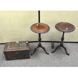 A pair of mahogany wine tables of circular form, raised on tri-pod supports together with a coffer