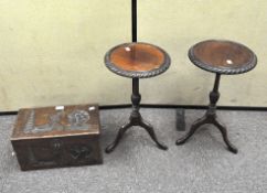 A pair of mahogany wine tables of circular form, raised on tri-pod supports together with a coffer