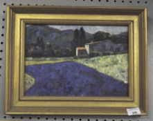 Clutier, Lavender Fields, landscape, oil on board (possibly French) gilt framed,