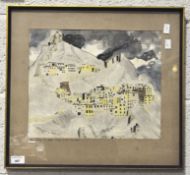 A mid century watercolour of a Himalayan village scene and indistinctly signed and dated 1970,