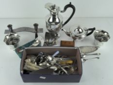 A collection of silver plated wares, to include a silver handled knife, ewer,