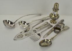 A group of silver plated wares, including fish serving knife and fork and a sugar castor,