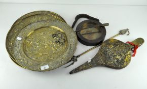 Four assorted brass chargers, each 37cm and other items