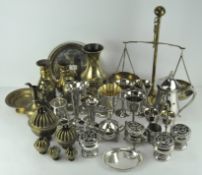 A collection of brass and plated wares to include a set of brass scales, silver plated goblets,