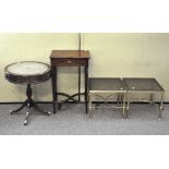 A pair of brass and glass coffee tables, 40cm x 46cm, together with two mahogany occasional tables,