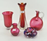 A cranberry glass vase, H 17.5cm, and four other items of glassware.