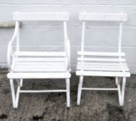 Two white painted wooden and metal garden chairs
