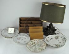A group of five ceramic dinner plates including a Copeland example together with a table lamp,