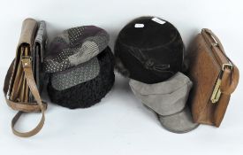 A group of handbags and hats,