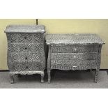 Two unusual metal coated chests of drawers, one with three long drawers, the other four short,
