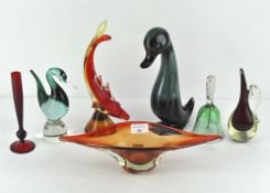 A Murano glass fish, H 29cm, a similar spear form bowl and other glassware