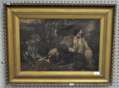 A gilt framed oil on canvas depicting a traditional scene of Gundogs and game,