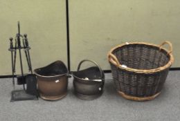 Assorted fireside items, to include two coal buckets,