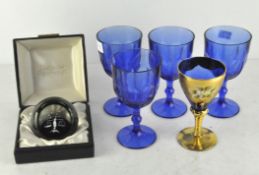Assorted glassware including four Bristol blue goblets,