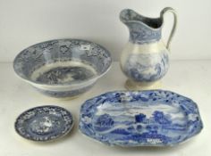 A group of early blue and white ceramics, including wash bowl and basin,